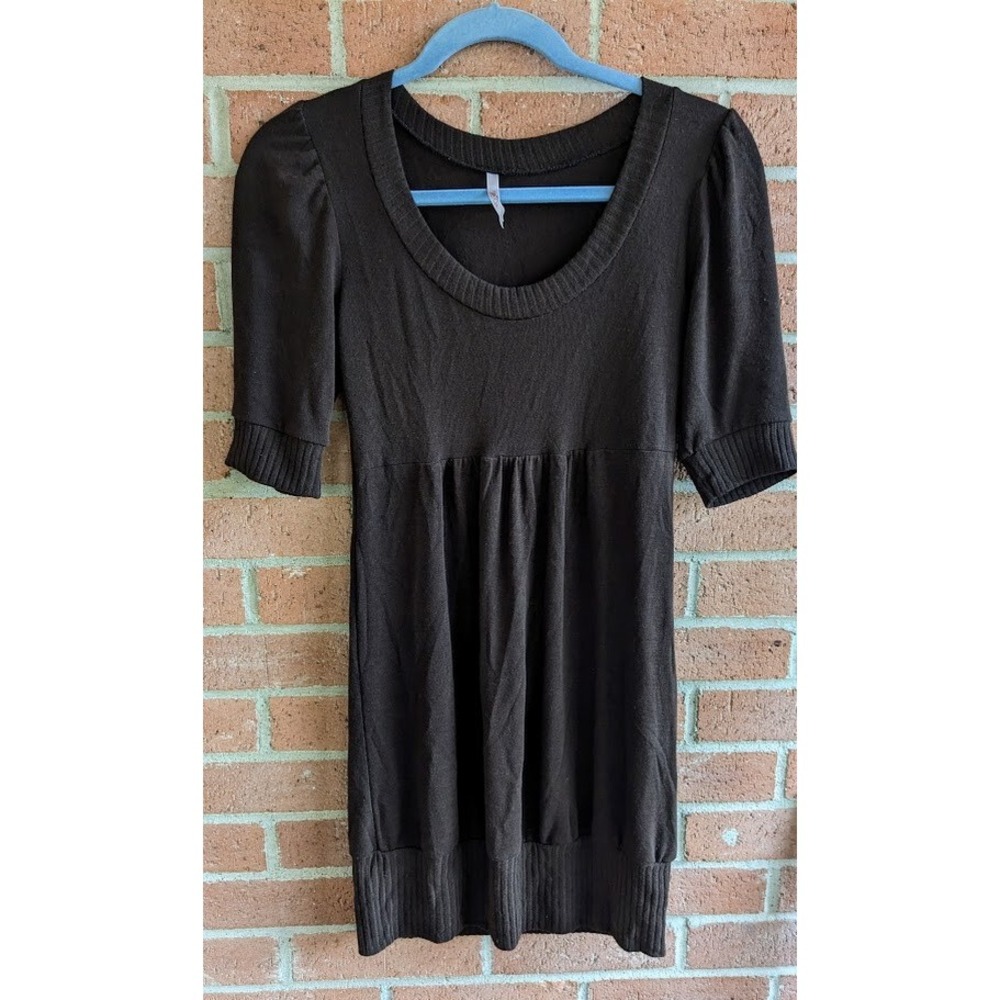Vintage Y2K 90 Women M Babydoll Top Tunic Dress Short Sleeve USA Chocolate Brown - Picture 3 of 8